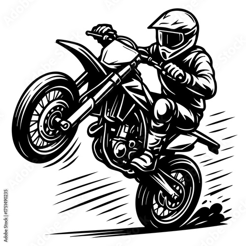 Monochrome drawing of a supermoto performing a wheelie with dynamic motion lines