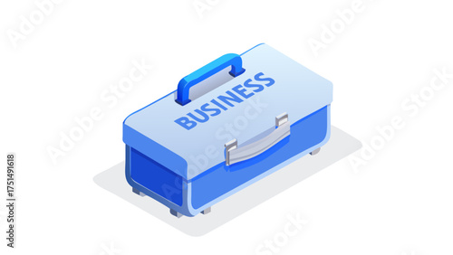 Isometric illustration of a blue toolbox with the word business on top, representing business tools and resources