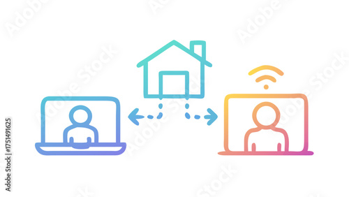Remote work concept showing two people video conferencing from home, connected by a house and wifi signal