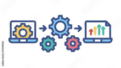 Data processing concept showing gears turning and data flowing from one computer to another, resulting in growth