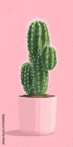 Potted cactus plant with green spines on pink background