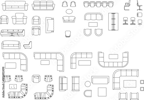 Top-down vector furniture icons for living rooms and offices — includes sofas, chairs, tables, and modular layouts ideal for interior and space planning.