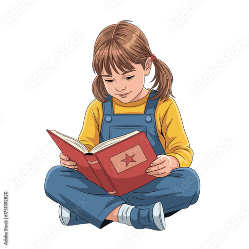 Young Girl Sitting Cross-legged Reading a Book with Star Emblem