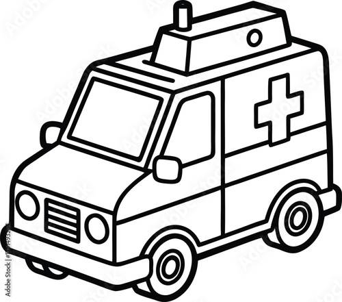 Simple line drawing of a cartoon ambulance emergency vehicle for coloring