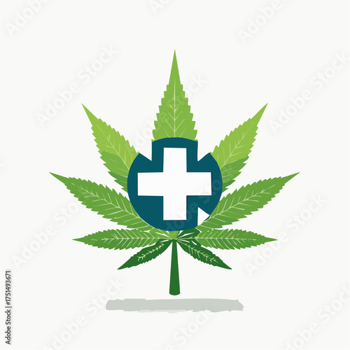 Medical Marijuana Symbol: Green Cannabis Leaf with Blue Cross for Healthcare Concepts