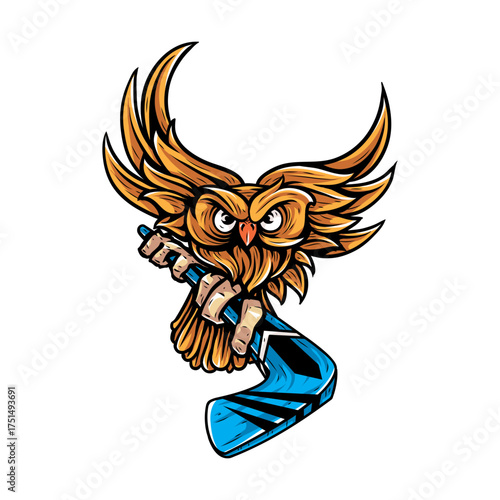 Owl Hockey Mascot: An animated owl, representing focus, agility, and competitive spirit, holding a hockey stick. Ideal for sports-related projects, team branding, and fun graphic designs.