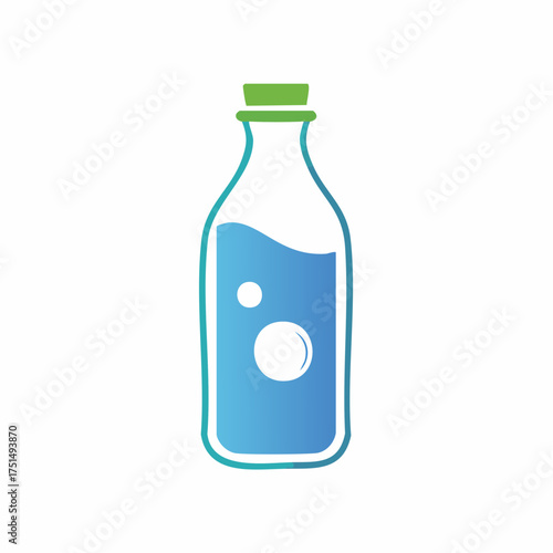 Minimalist illustration of a blue glass bottle filled with liquid and bubbles