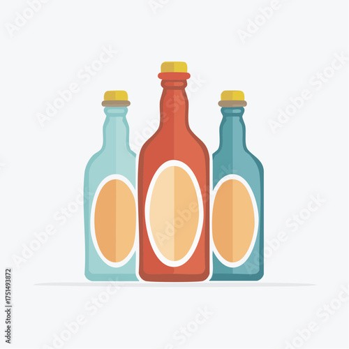 Minimalist illustration of three colorful bottles with blank labels in a row