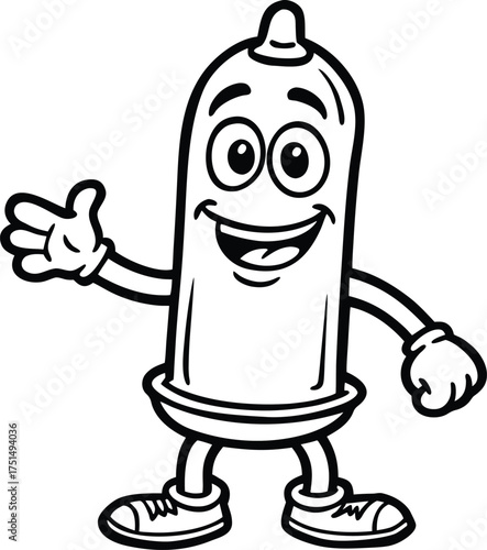 Cartoon condom character waving happily friendly and welcoming with a smile
