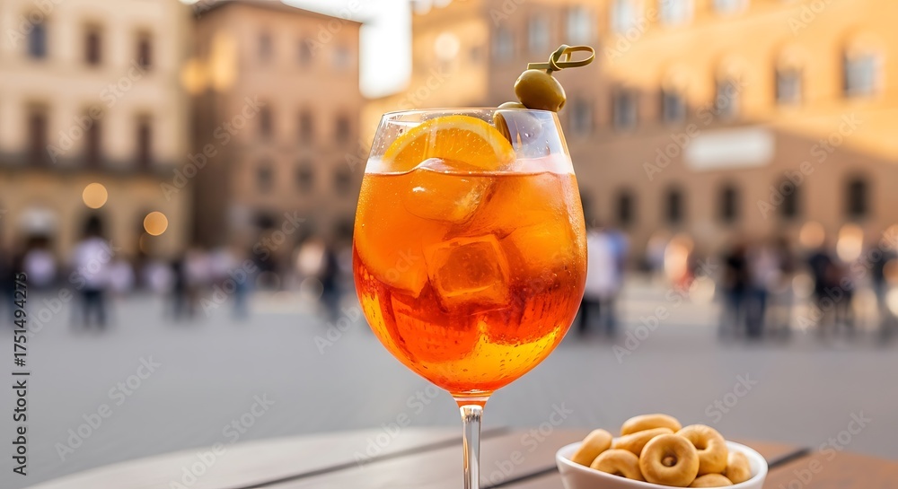 Fototapeta premium Aperol Spritz in Piazza del Campo, Siena - A Refreshing Italian Aperitivo.