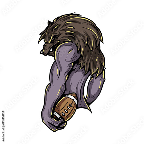 Intimidating Mascot: a formidable wolf-like mascot with powerful arms firmly grasps an oval ball, embodying strength and determination.