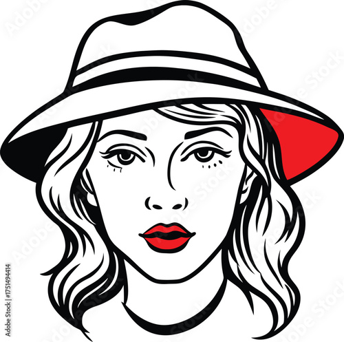 Stylish woman with fedora hat and red accents captivating portrait close up art