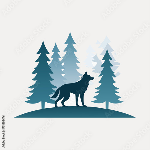 Silhouette of a wolf in a forest with evergreen trees minimalistic scene illustration