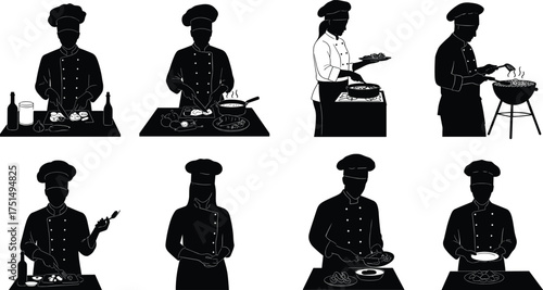 Professional chef cooking food in kitchen, preparing delicious meal with ingredients and utensils, culinary art restaurant flat vector illustration