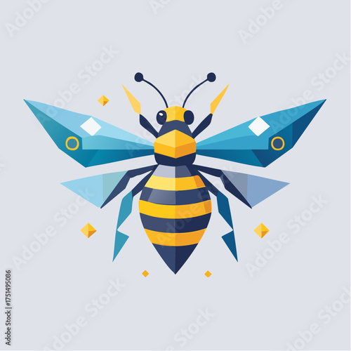 Stylized geometric bee illustration featuring polygonal wings and bold stripes