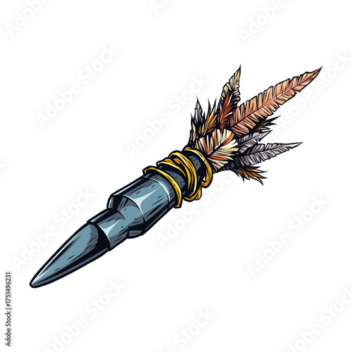 Bullet with Feather Illustration: An artful illustration depicts a bullet adorned with feathers, blending the concepts of war and peace, showcasing a unique juxtaposition of elements.