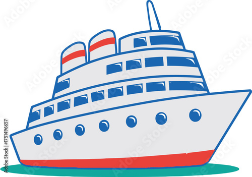 Retro Cartoon Cruise Ship Illustration, Ocean Liner Passenger Boat Vector

