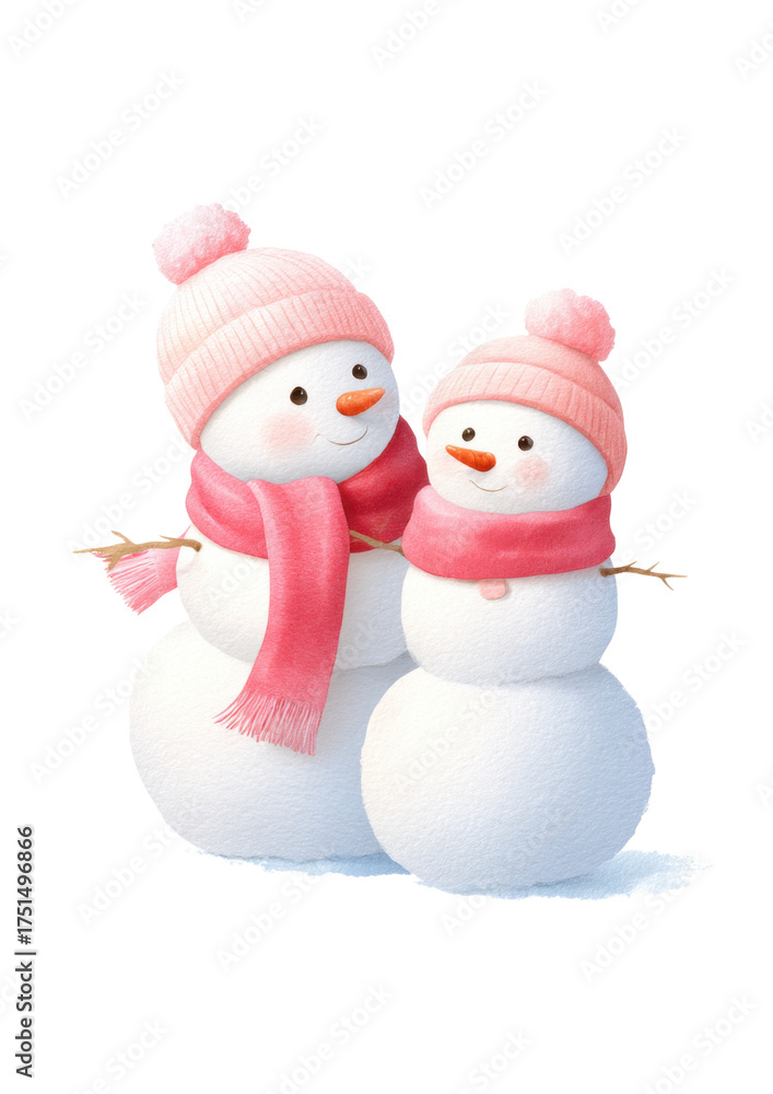 Fototapeta premium Festive Snowman Couple: Two adorable snowmen, each adorned with a matching pink hat and scarf, stand together in a heartwarming winter scene. Embrace the spirit of the season with this illustration