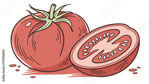 Illustration of fresh red tomatoes whole and sliced for salad cooking healthy eating recipe ideas