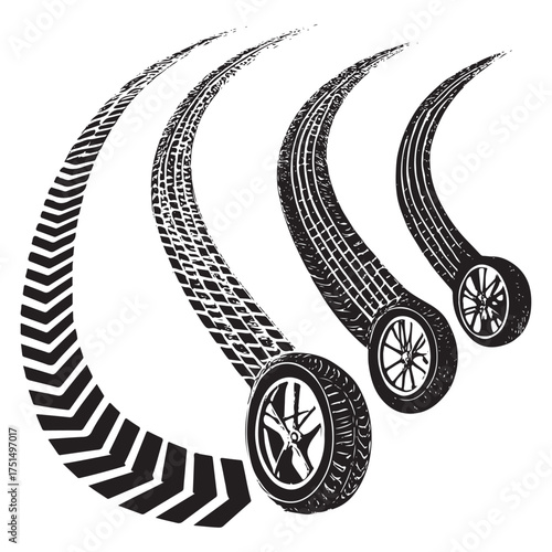 Traces of car, motorcycle tread. Car wheels on disks. vector