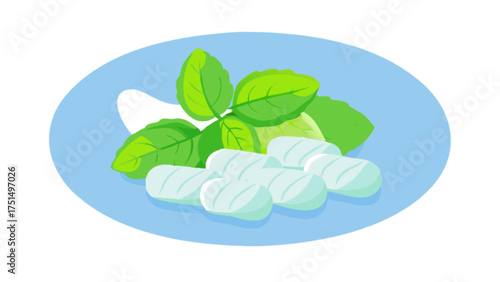 Fresh mints with basil leaves on a blue plate illustration for healthy lifestyle and wellness concept