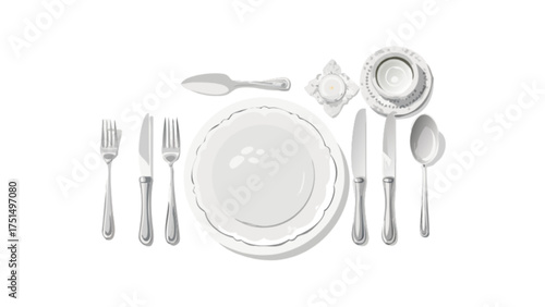 Elegant table setting with silverware plate and tea set for formal dining experience and catering