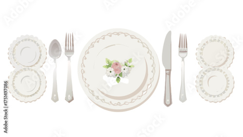 Elegant floral dinnerware set with plates, cutlery, and table setting for formal occasions image