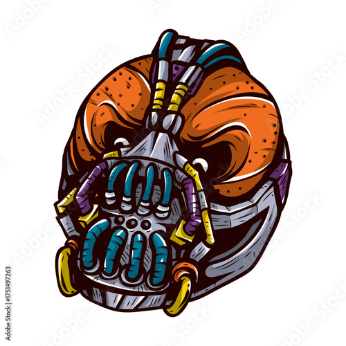 Intimidating Mask Illustration: A detailed, digitally rendered illustration showcasing a formidable mask. The mask's menacing design and intricate features create a sense of power and mystery.