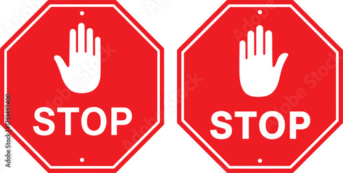 Two red stop signs with white hand silhouette isolated on transparent background