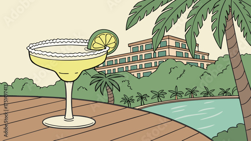 Margarita cocktail drink on tropical vacation with palm trees and resort hotel building background