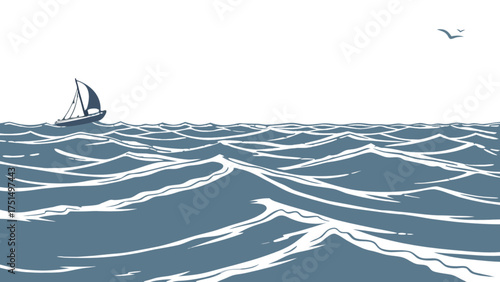Sailboat sailing on ocean waves illustration vector art seascape nautical design scenic view drawing