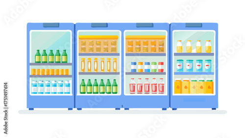 Commercial refrigerator display case with drinks and food products for retail supermarket grocery