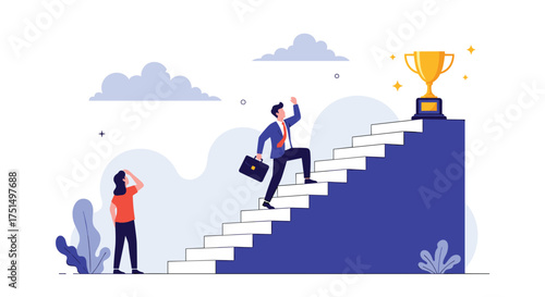 A determined business person climbs stairs towards a trophy symbolizing success and achievement.