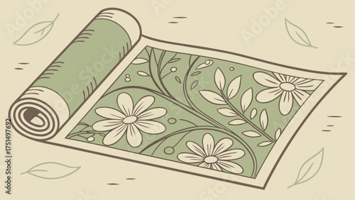 Rolled floral rug with leaf accents illustration, vintage carpet design and home decor concept art