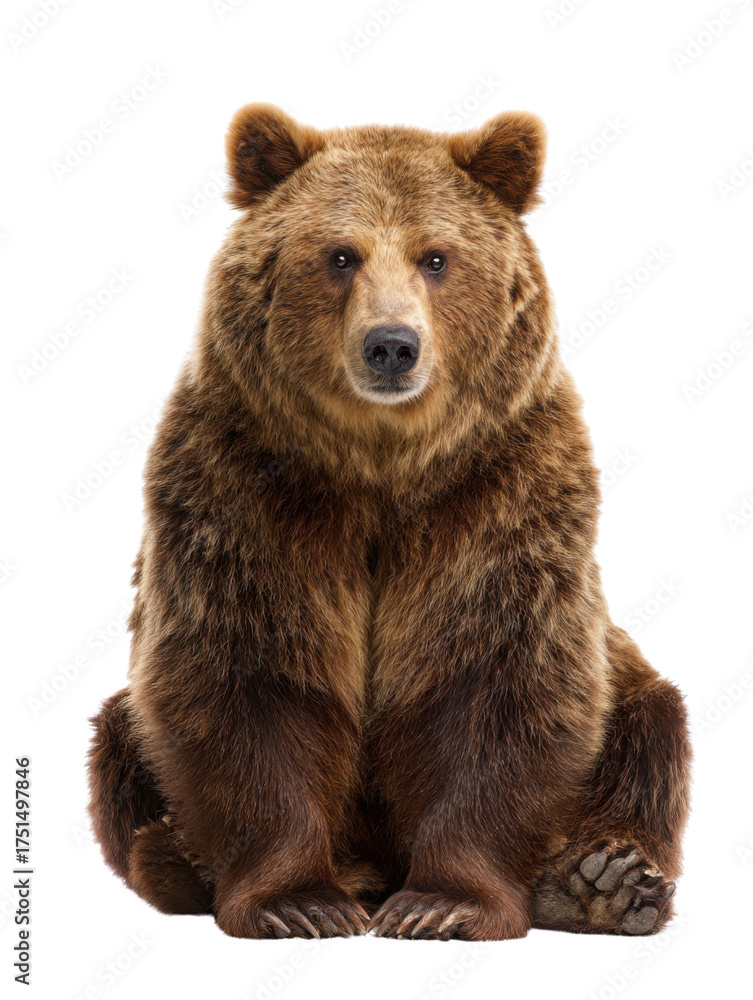 Fototapeta premium Majestic Bear Portrait: A solitary, imposing brown bear, its gaze intense and posture dignified, sits centered in the frame, a symbol of wilderness power and raw, untamed beauty.