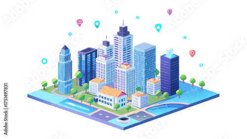 Isometric city illustration with skyscrapers and location pins for urban planning and navigation