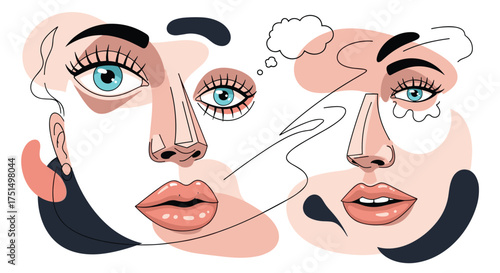 Abstract representation of two faces with interconnected thought processes and emotions.