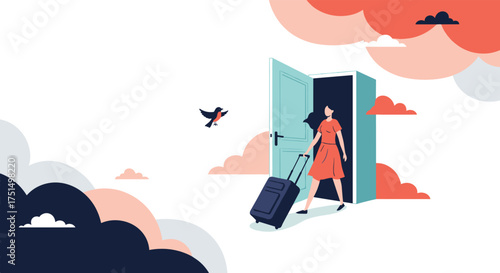 A person with a suitcase walks through an open door into a new journey among the clouds.