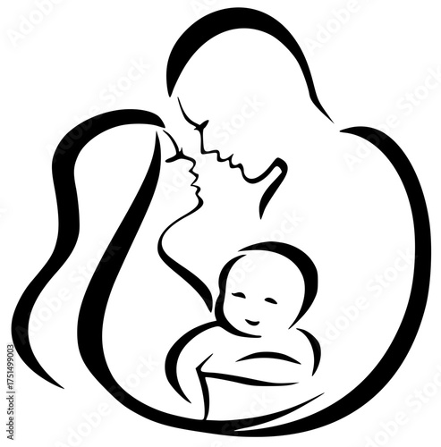 Minimalist black silhouette vector of a stylized illustration of a family with a mother father and baby in black and white line art design style