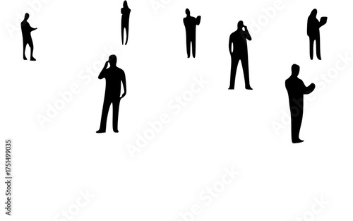 Minimalist black silhouette vector of a silhouetted figures scattered across a white background, some using phones and looking at screens, isolated