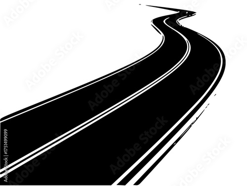 Minimalist black silhouette vector of a a winding road with white lines cutting through a white background in a black and white illustration