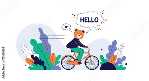 A bear character rides a bicycle through a vibrant and abstract natural landscape.