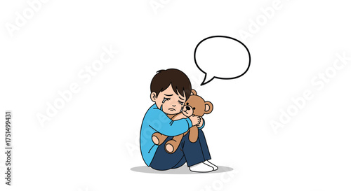 A lonely child clutching a teddy bear in a white void with an empty thought bubble.