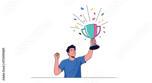 Man celebrating holding a trophy with confetti in the air.