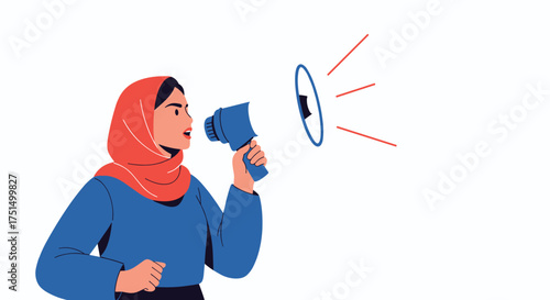 A person wearing a hijab speaks through a megaphone for protest and activism.