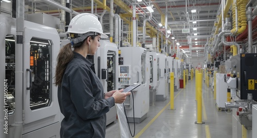 Industrial professional in hard hat using digital tablet for operational control, monitoring automated machinery in a modern manufacturing facility. Represents smart factory production, technolog