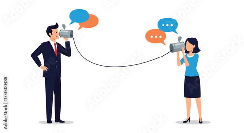Business people communicating through a string telephone with speech bubbles indicating conversation.