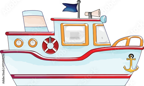 Hand Drawn Ferry or Pleasure Boat Vector
Nautical Sea Transport with Anchor and Lifesaver