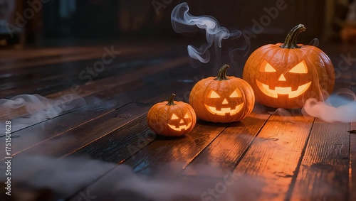 Illuminated Jack-O'-Lanterns with Smoke on Wooden Floor Halloween Decoration