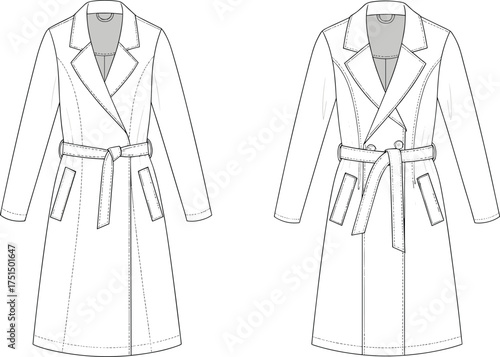 Trench coat, double breasted, belted waist, wide lapel, flap pockets, back yoke, fashion sketch, vector template, garment CAD, cad drawing flat vector illustration